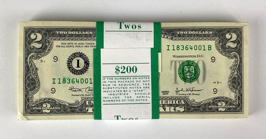 Group of 100 2003 US Mint $2 Consecutive Serial Numbered Bills