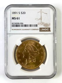 NGC Graded 1891 S $20 US US Gold Liberty Head MS61