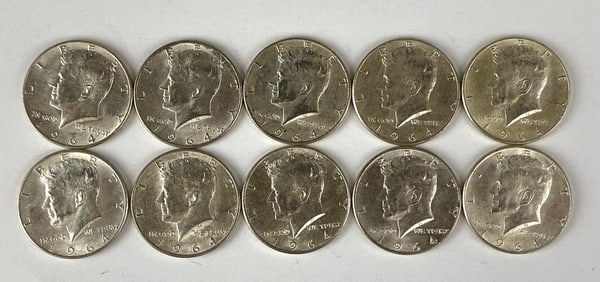 Group of 10 1964 Kennedy Silver Half Dollars