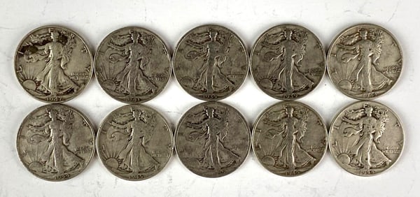 Group of 10 US Walking Liberty Silver Half Dollars