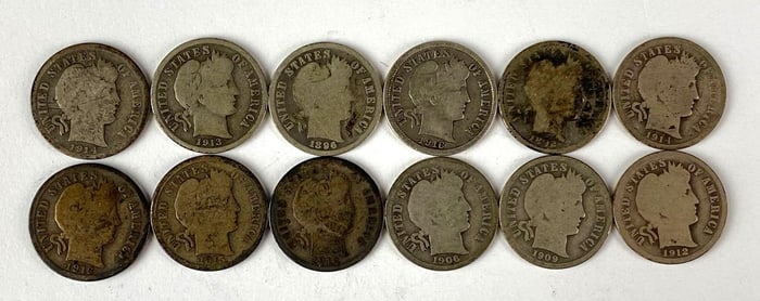 Group of 12 Barber Silver Dimes