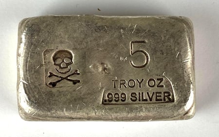 Prospectors Gold and Gems Skull and Cross Bones 5 oz .999 Silver Ingot/ Bar