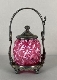 Antique Cranberry Floral Glass Silver Plate Pickle Castor