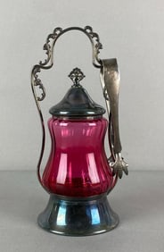 Antique Cranberry Ribbed Glass Silver Plated Pickle Castor