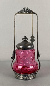 Antique Cranberry Coindot Glass Silver Plated Pickle Castor