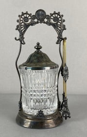Antique Pressed Crystal Glass Silver Plate Pickle Castor