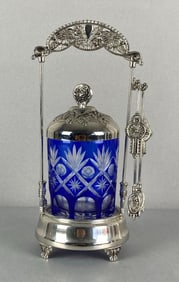 Cobalt Cut To Clear Glass Pickle Castor