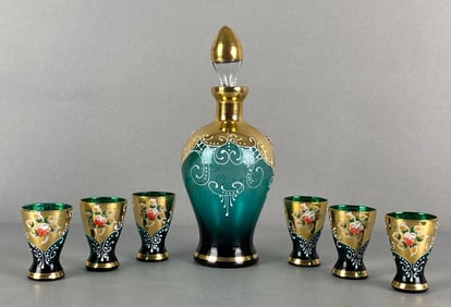 Set of 7 Bohemian Crystal Aqua Glass Decanter and Cordials