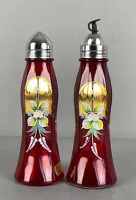 Set of 2 Bohemia Ruby Pressed Glass Shaker and Oil Bottle