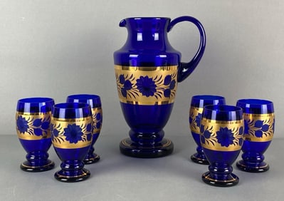 Set of 7 Egermann Bohemia Cobalt Cut Glass Pitcher
