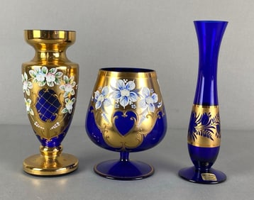 Group of 3 Egermann Bohemia Cobalt Crystal Glass Items