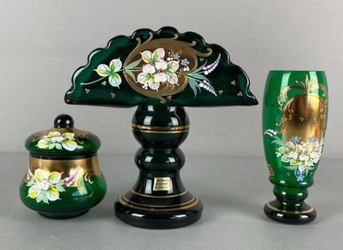 Group of 3 Egermann Bohemia Emerald Crystal Glass Items