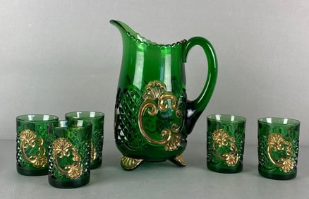 Set of 6 Riverside EAPG Croesus Pattern Emerald Green Pitcher and Glasses