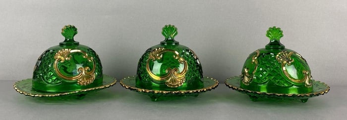 Group of 3 Riverside EAPG Croesus Pattern Emerald Green Butter Dishes