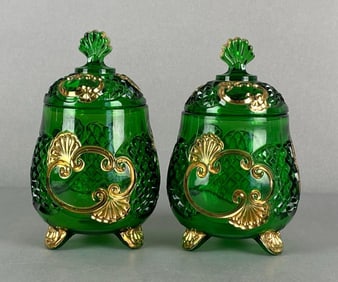 Group of 2 Riverside EAPG Croesus Pattern Emerald Green Sugar Jars