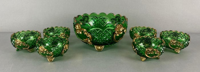 Group of 7 Riverside EAPG Croesus Pattern Emerald Green Berry Bowl Set