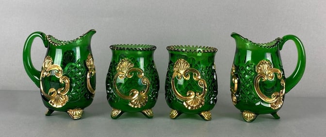 Group of 4 Riverside EAPG Croesus Pattern Emerald Green Cream and Sugars