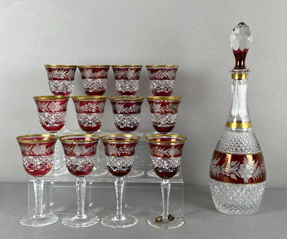 Set of 13 Ebeling and Reuss Ruby Cut Clear Crystal Decanter and Wine Goblets: Decanter measures 15 x 4 1/2 inches