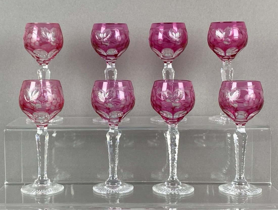 Set of 8 cranberry Cut To Clear Crystal Cordials: Each measures 4 3/4 inches tall