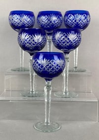 Set of 6 Cobalt Cut To Clear Crystal Glass Wine Glasses