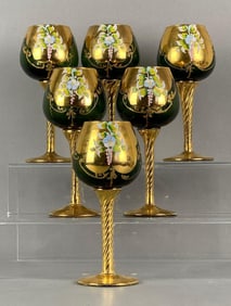 Set of 6 Bohemia Emerald Gilt Glass Wine Glasses