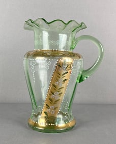 Hand Painted Floral and Gilt Vaseline Glass Pitcher