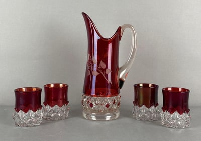 Set of 5 Ruby Flash EAPG Pitcher and Tumbers