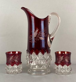 Set of 3 Ruby Flash EAPG Pitcher and Tumblers