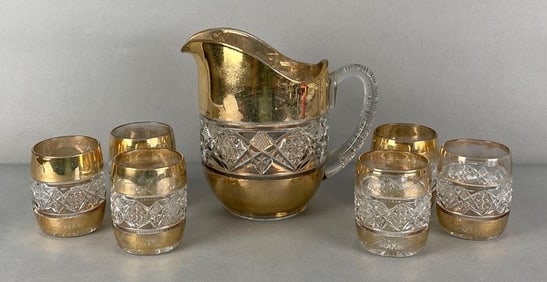 Set of 7 EAPG Gold Flash Pitcher and Glasses