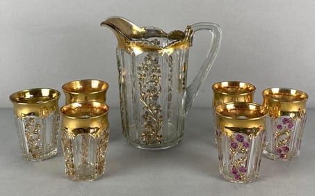 Set of 7 EAPG Gold Flash Pitcher and Glasses