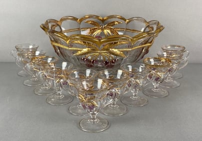 Set of 12 EAPG Gold Flash Punch Bowl and Cups