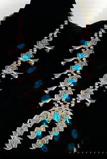 Jon McCray IHMSS Sterling Silver and Turquoise Squash Blossom Necklace: Total weight 213.9g, Signed on back, Native American, Measures 25 inches long.