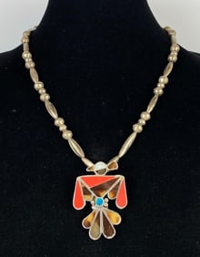 Sterling Silver Beaded Native American Zuni Thunderbird Pendent Necklace