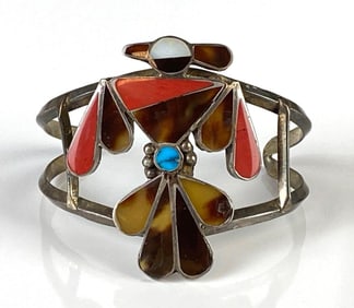 Sterling Silver Native American Zuni Thunderbird Cuff Bracelet