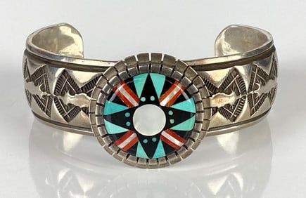 Sterling Silver Native American Navajo Inlay Cuff Bracelet