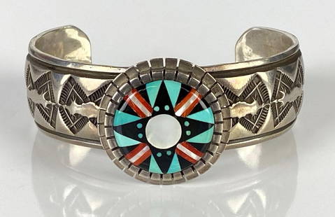 Sterling Silver Native American Navajo Inlay Cuff Bracelet: Measures 5 3/4 inches around interior without gap, Measures 7 1/4 inches around interior with gap.