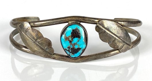 Sterling Silver Native American Turquoise Feather Pattern Cuff Bracelet