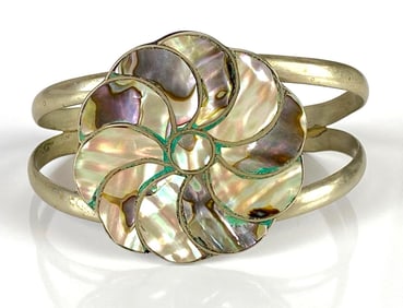 Artist Signed Mexican Sterling Silver Abalone Shell Floral Cuff Bracelet