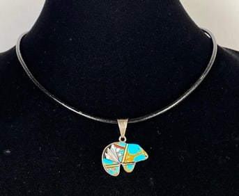 Sterling Silver Turquoise Inlay Bear Necklace Pendant