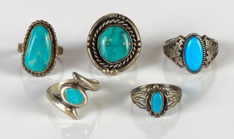 Group of 5 Sterling Silver Native American Turquoise Rings