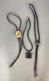 Group of Braided Leather Native American Bolo Ties and Necklace