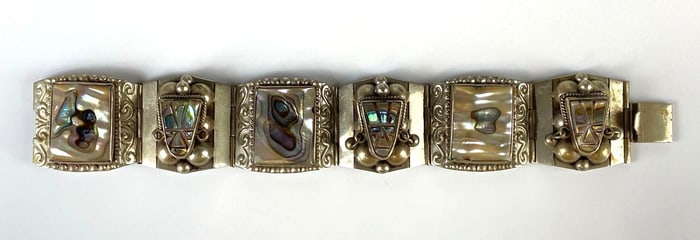 Taxco Sterling Silver Figural Abalone Shell Panel Link Bracelet