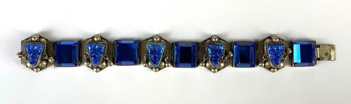 Taxco Sterling Silver Figural Blue CZ Panel Link Bracelet