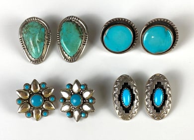 Group of Sterling Silver Turquoise Clip-on and Screw-back Earrings