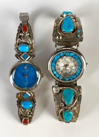 Group of 2 Sterling Silver Native American Turquoise Wristwatches