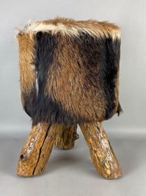 Cowhide and Lacquered Natural Edge Wood Footstool