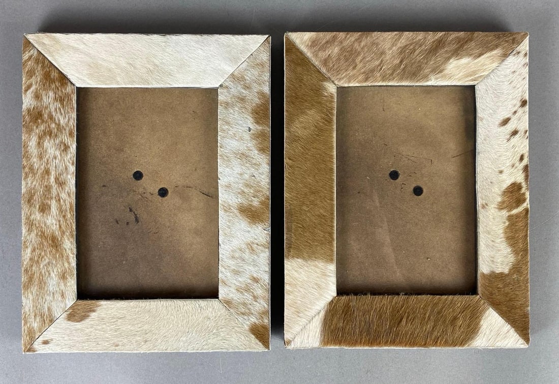 Group of 2 Cowhide Picture Frames: Both measure 9 x 7 inches, For 4 x 6 inch photographs.