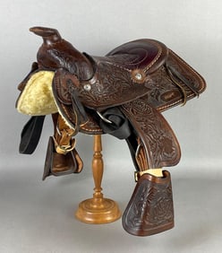 Miniature Embossed Brown Leather Western Style Saddle
