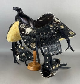 Miniature Embossed Black Leather Western Style Saddle