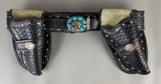 Embossed Black Leather Belt and Holsters with Sterling Silver Bear Belt Buckle